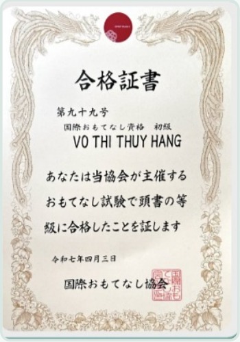 Chứng nhận Giảng viên Omotenashi – Võ Thị Thúy Hằng