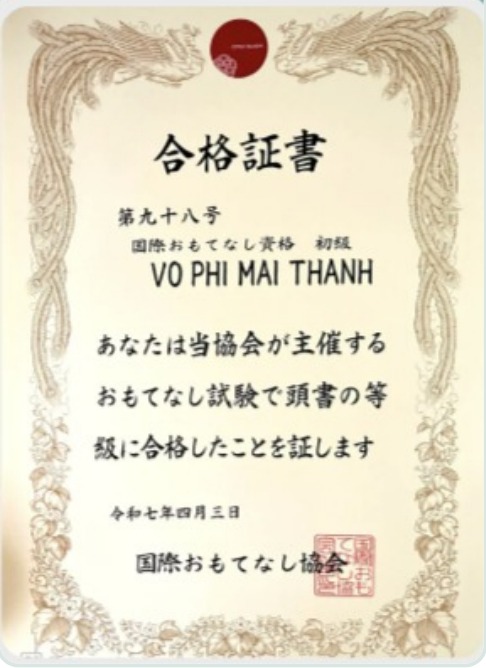 Chứng nhận Giảng viên Omotenashi – Võ Phi Mai Thanh